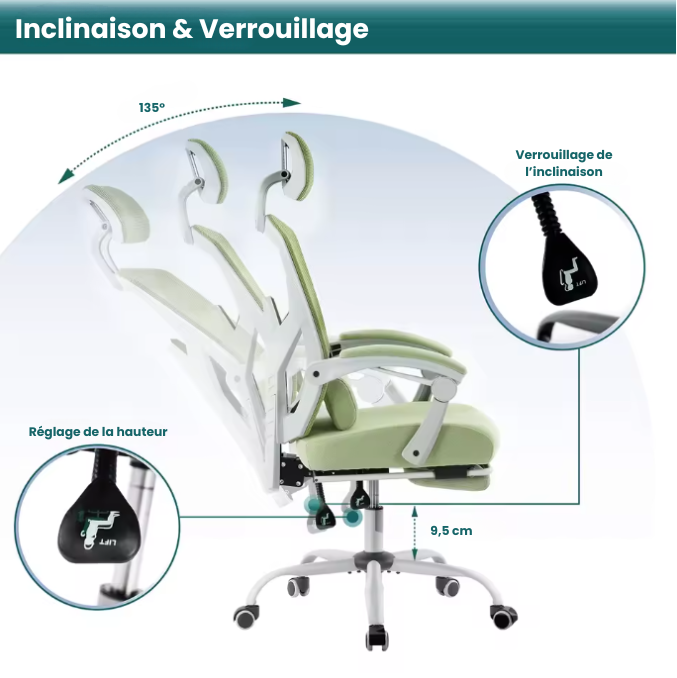 Chaise ergonomique confort + repose pied - Ayla